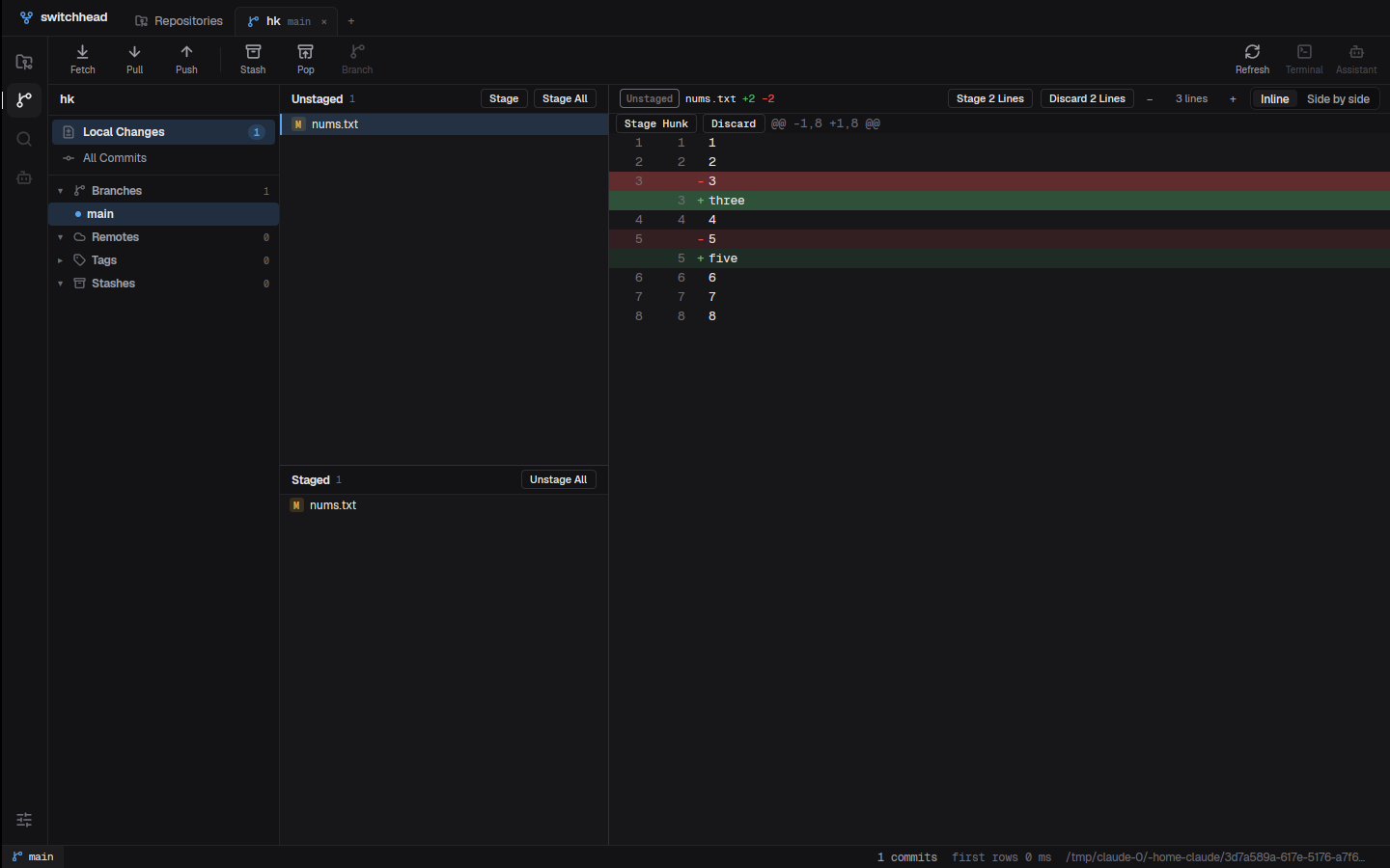 Picking lines to stage in the diff