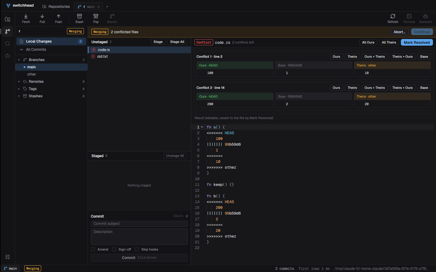 Three-way merge conflict helper